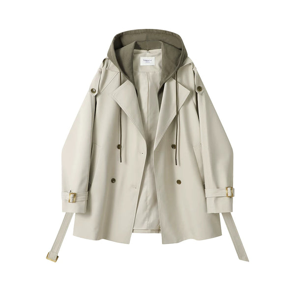 French Hepburn-style Faux Two-piece Hooded Trench Coat