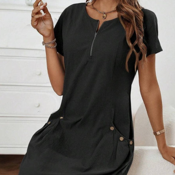Short-sleeved Dress With Pockots And Zipper Women's Summer Clothing