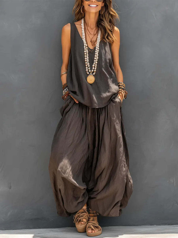 Womens Solid-Colored Casual Sleeveless Tank Top And Wide-Leg Pants Cotton-Linen Set For Daily Wear Holiday Outfit