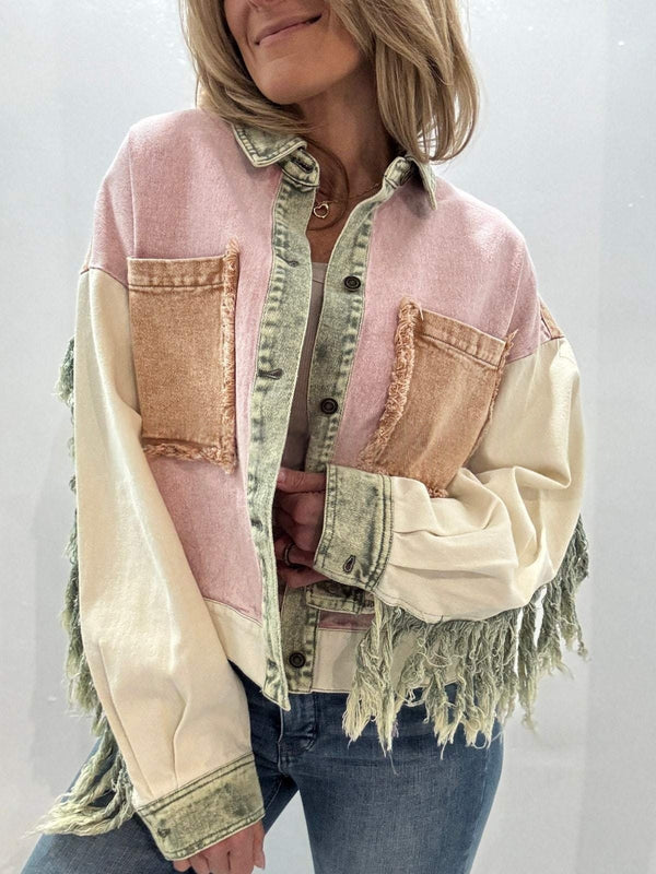 Fashionable Fringed Raw-edge Design Washed Contrast-color Work Jacket