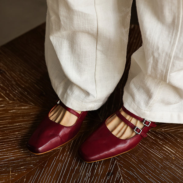 Women's Handmade Washed Full-Grain Leather Slingback Mary Jane Sandals, Vintage Square Toe Double Strap Buckle Low Wedge Heel Shoes