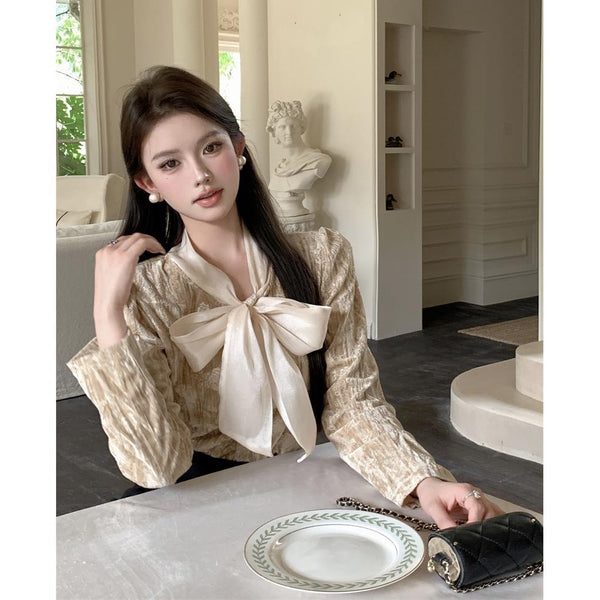 French-style Bow-Tie Lace-Up Velvet Shirt For Women