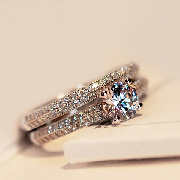 Micro Pave Ring Set With Simulated Heart & Arrow Zirconia, Luxury Proposal Ring For Women