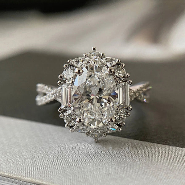 Luxury Design Oval Simulated Moissanite Engagement Ring, White Gold Plated Cluster Zircon Ring For Women, Wholesale