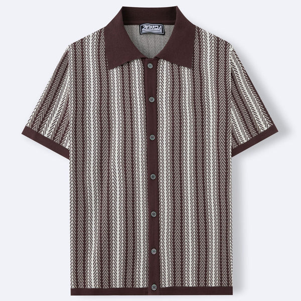 Men's Short-Sleeve Striped Knitted Cardigan Jacquard Polo Shirt