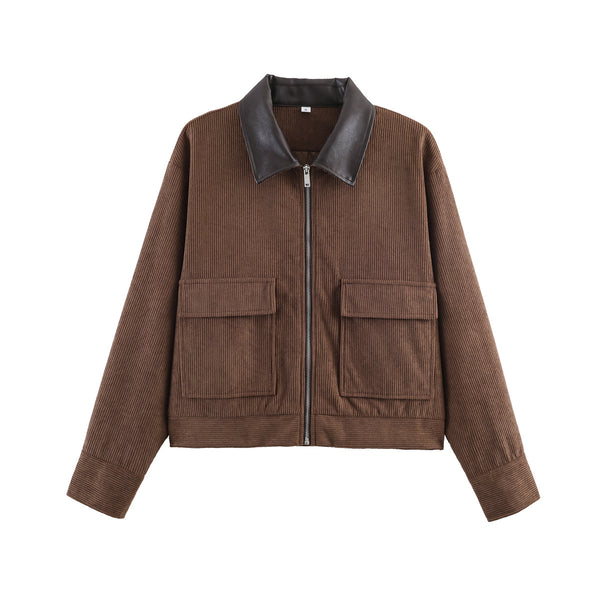 Women's Casual Corduroy Patchwork Leather-Trimmed Jacket Coats