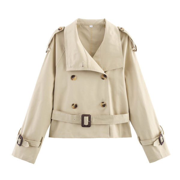 Notch-collar Short Trench Coat For Women With Belt Buckle Detailing