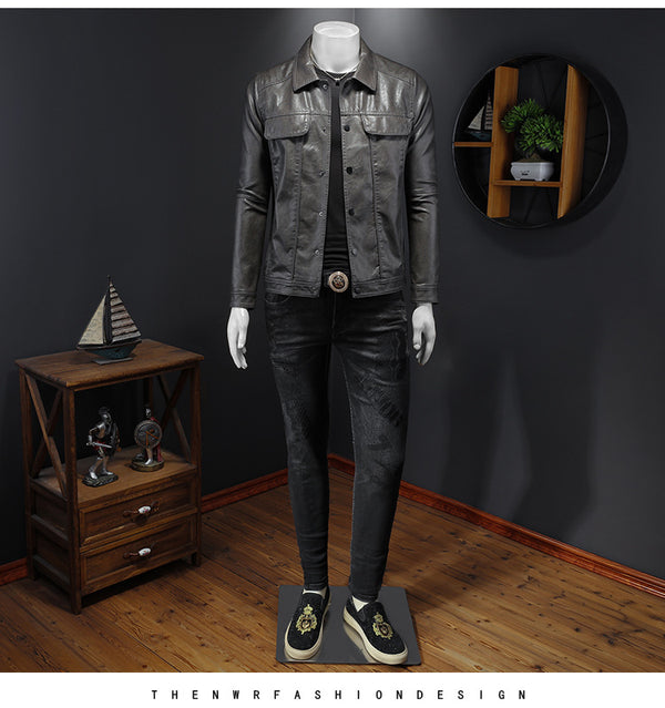 Men's Long-sleeved Lapel Motorcycle Pu Handsome Leather Coat