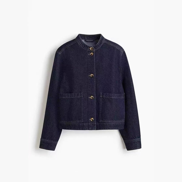 Womens Workwear Denim Jacket With A Stand Collar And Designer Details