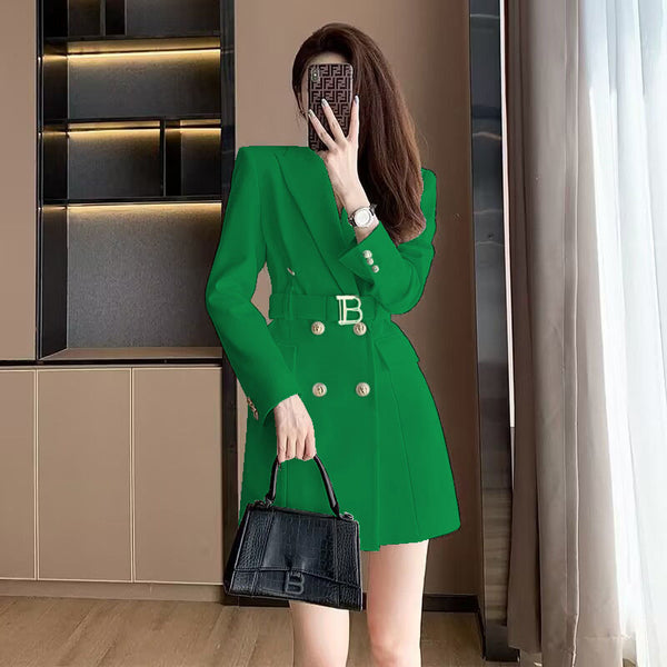 Elegant Waist-Cinched Blazer Dress With Double-Breasted Buttons