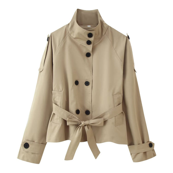Stand-up Collar Double-breasted Belted Short Trench Coat