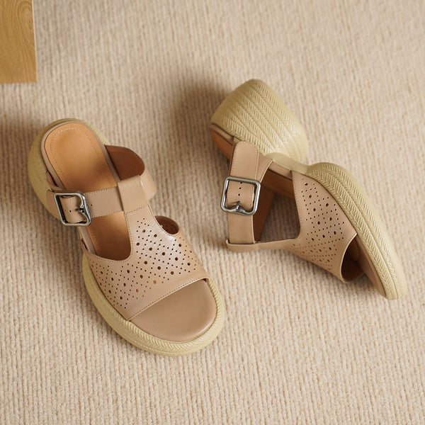 Premium Handmade Washed Leather Perforated Mule Sandals, Women's Chunky Platform T-Strap Slides