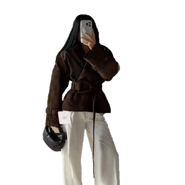 Retro Brown Lace-Up Suede Jacket For Women