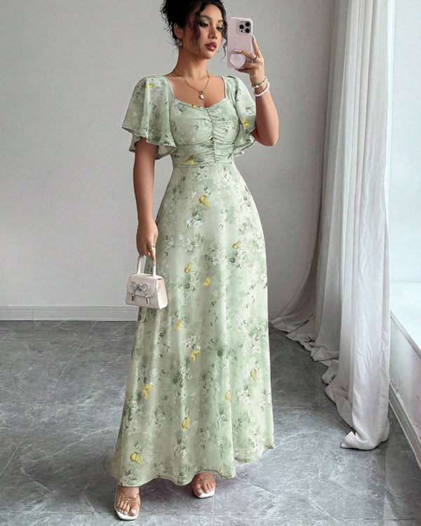 Flowers Printed Lotus Sleeve Dress Summer Elegant Slim Dresses Women's Clothing