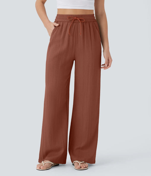 Solid Color Wide Leg Pants With Pockets Fashion Loose Drawstring Trousers Casual  Women's Clothing