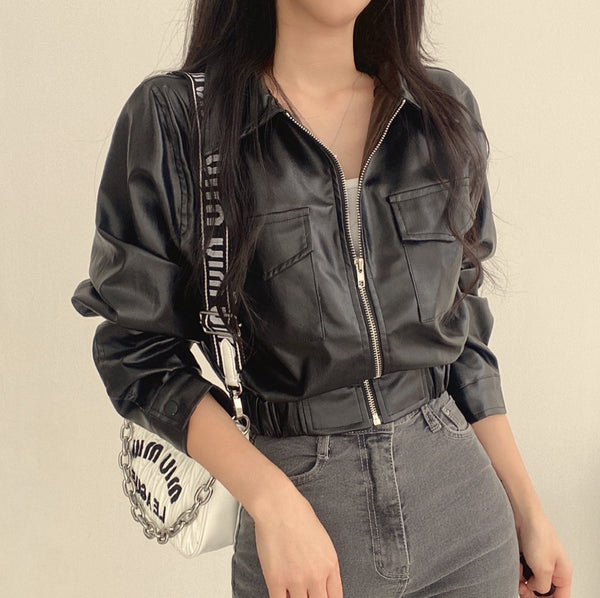 Double Pocket Lapel Leather Coat Leather Jacket Coat