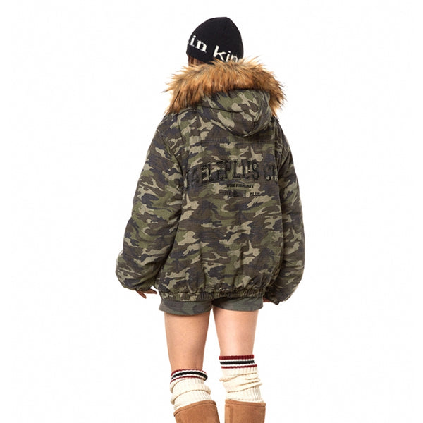 American Retro Heavy Big Fur Collar Hooded Camouflage Cotton Jacket