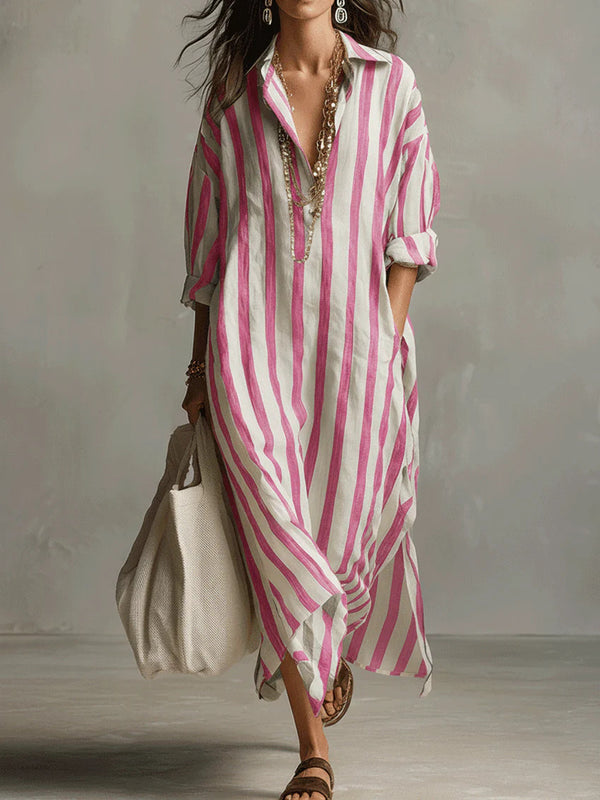 Striped Print Dress Summer Split Collar Short Sleeve Long Dresses Fashion Women's Clothing