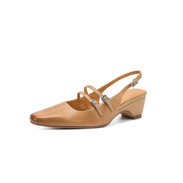 Women's Handmade Washed Full-Grain Leather Slingback Mary Jane Sandals, Vintage Square Toe Double Strap Buckle Low Wedge Heel Shoes
