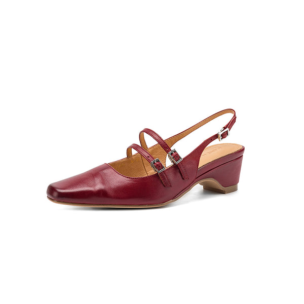 Women's Handmade Washed Full-Grain Leather Slingback Mary Jane Sandals, Vintage Square Toe Double Strap Buckle Low Wedge Heel Shoes