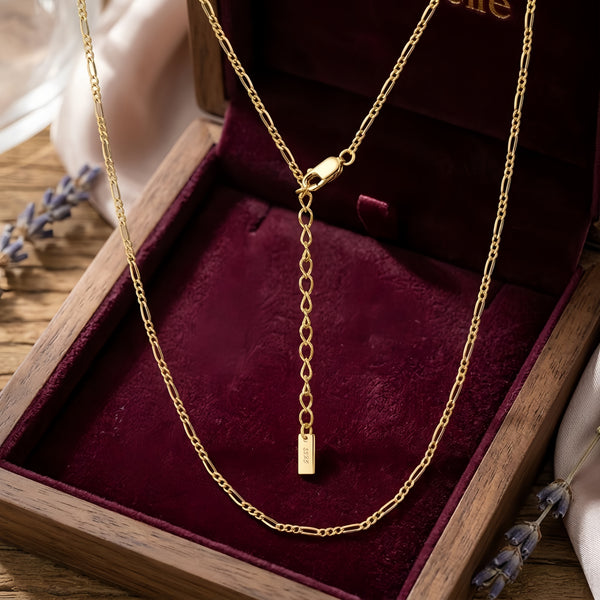 925 Sterling Silver Elegant Gold Figaro Chain Necklace with Engraved Pendant Charm