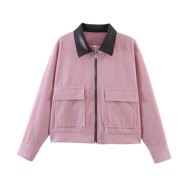 Women's Casual Corduroy Patchwork Leather-Trimmed Jacket Coats