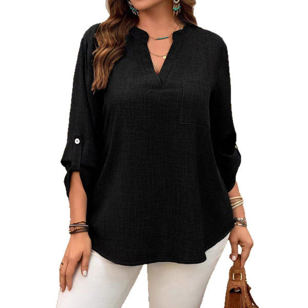 Solid-color V-neck Button-up Loose-fitting Fashionable Top