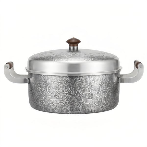Pure 999 Fine Silver Elegant Floral Engraved Silver Casserole Pot with Wooden Handle Accents - Handicraft