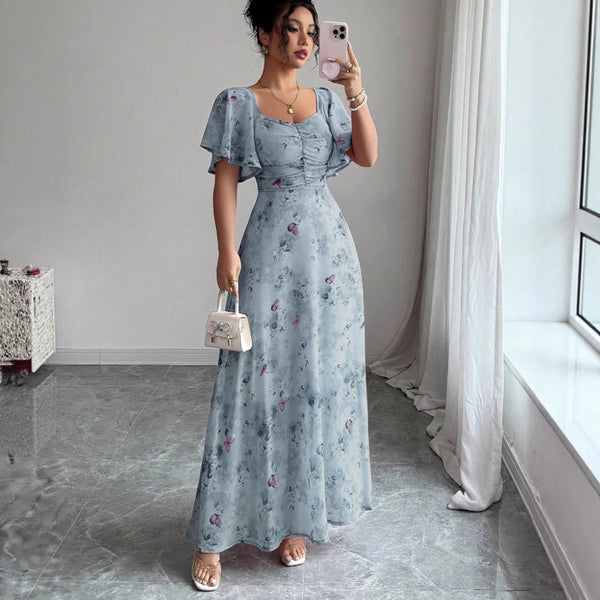 Flowers Printed Lotus Sleeve Dress Summer Elegant Slim Dresses Women's Clothing