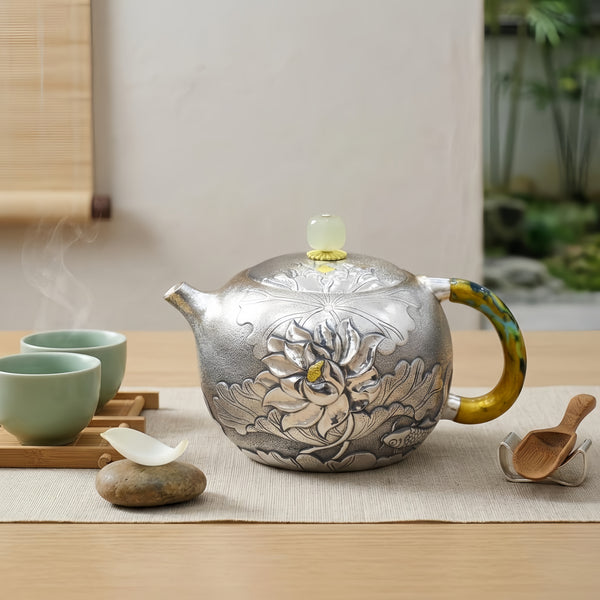 Pure 999 Fine Silver Handcrafted Silver Lotus Teapot with Intricate Relief Carvings and Jade Finial - Handicraft