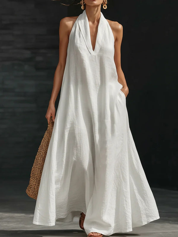 Casual V-neck Dress Halter Style Long Dress For Women's Casual Solid Color  A-line Dress For Daily Wear
