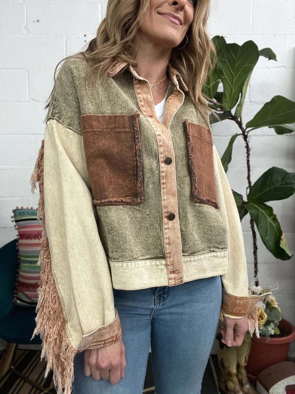 Fashionable Fringed Raw-edge Design Washed Contrast-color Work Jacket