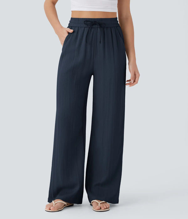 Solid Color Wide Leg Pants With Pockets Fashion Loose Drawstring Trousers Casual  Women's Clothing