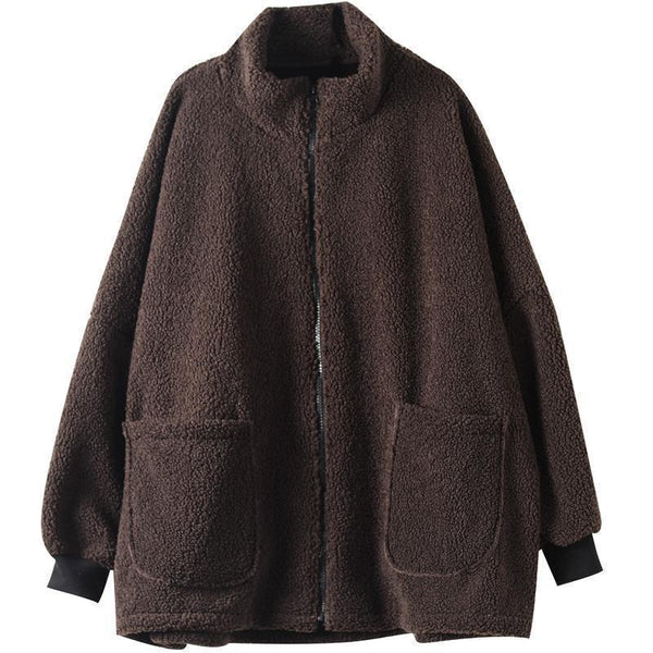 Plus-size Loose-fitting Long-sleeve Womens Casual Lambswool Coat