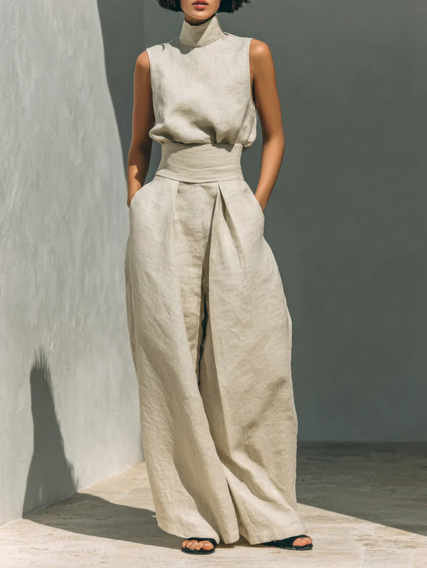 Casual Sleeveless Suit Summer Stand-up Collar Pullover Top And Loose Straight-leg Trousers Women's Clothing