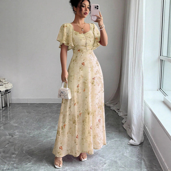 Flowers Printed Lotus Sleeve Dress Summer Elegant Slim Dresses Women's Clothing