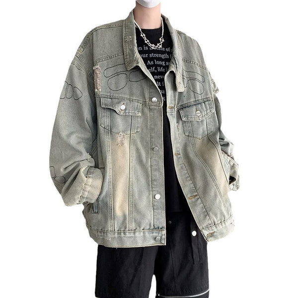 Springautumn Designer-style American Retro Workwear Distressed Ripped Denim Jacket