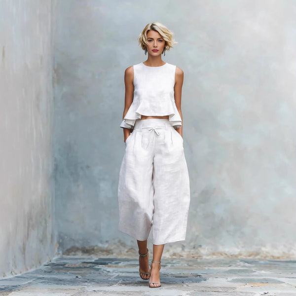 Ruffled Suits Summer Round Neck Sleeveless Top And Loose Wide-leg Pants Casual Fashion Straight Trouser Set