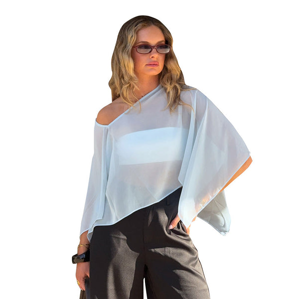 Mesh Off-shoulder Batwing-sleeve Shawl Top