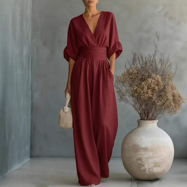 Summer Short-sleeved Jumpsuit Fashion Casual V-Neck Wide-Leg Pants Womens Clothing