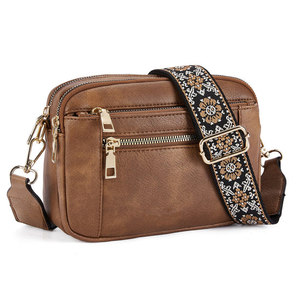 Triple-zipper Shoulder Bag With Floral Embroidered Straps Fashion Colorblock Multi-functional Crossbody Bags For Women