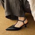 Women's Handmade Washed Full-Grain Lambskin T-Strap Slingback Heels, Vintage Pointed Toe Kitten Heel Sandals