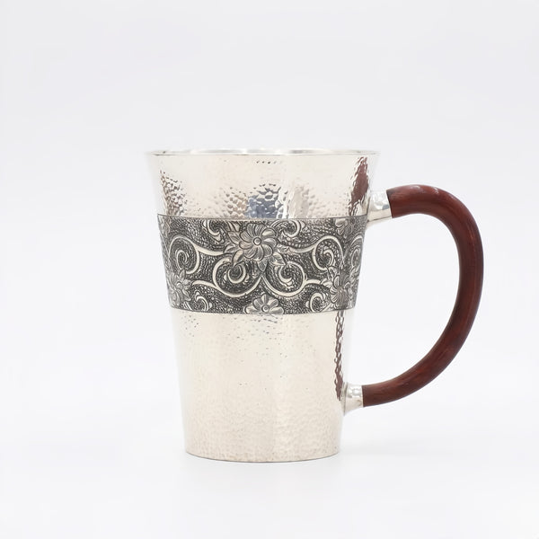 Pure 999 Fine Silver Handcrafted Hammered Silver Mug with Ornate Floral Relief and Wooden Handle - Handicraft