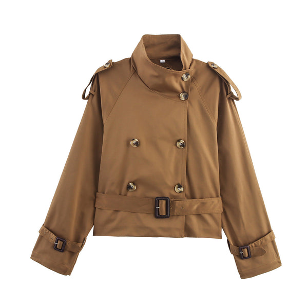 Notch-collar Short Trench Coat For Women With Belt Buckle Detailing
