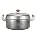 Pure 999 Fine Silver Elegant Hand-Hammered Silver Metal Pot with Intricate Floral Engravings and Wooden Handles - Handicraft