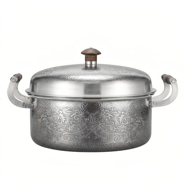 Pure 999 Fine Silver Elegant Hand-Hammered Silver Metal Pot with Intricate Floral Engravings and Wooden Handles - Handicraft