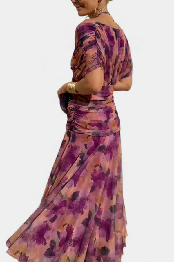 Chiffon Short-sleeved Dress Summer Fashion Print V-neck Long Dress, Women's Clothing