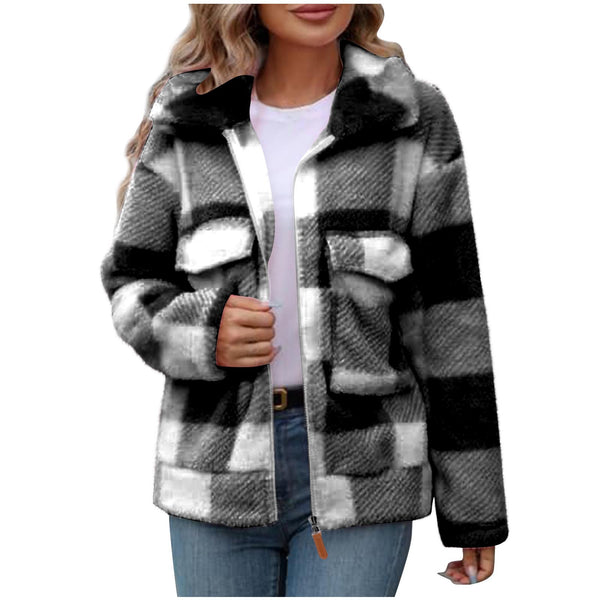 Double-Sided Polar Fleece Plaid Zip-Up Fluffy Coat