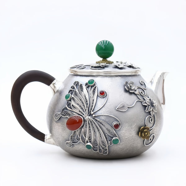 Pure 999 Fine Silver Silver Filigree Teapot with Butterfly Motif and Vibrant Gemstone Embellishments - Handicraft