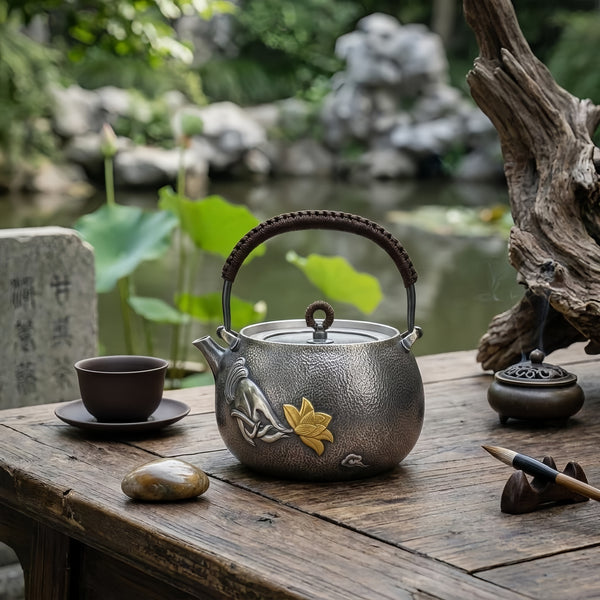 Pure 999 Fine Silver Artisanal Hammered Silver-Finish Teapot with Hand-Carved Gilded Lotus and Woven Rattan Handle - Handicraft